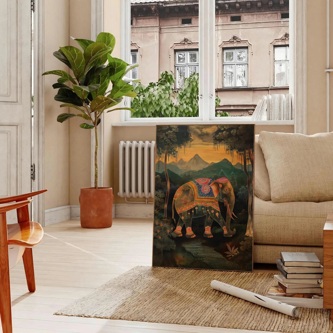 A colorful elephant illustration with green and orange hues. - in a Parisian living room with a sofa and a fig plant
