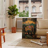 A colorful elephant illustration with green and orange hues. - in a Parisian living room with a sofa and a fig plant