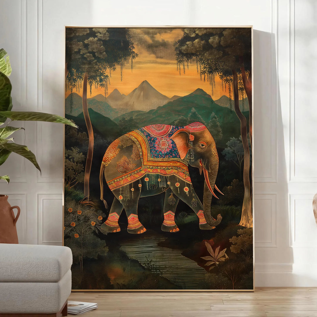 A colorful elephant illustration with green and orange hues. - in a bright minimalist room with a plant and an armchair