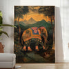 A colorful elephant illustration with green and orange hues. - in a bright minimalist room with a plant and an armchair