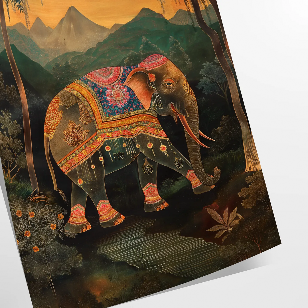 A colorful elephant illustration with green and orange hues. - as a rolled, unframed print