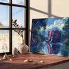 A stylized elephant in shades of green and blue against a textured background - leaning on a herringbone floor against a white panelled wall