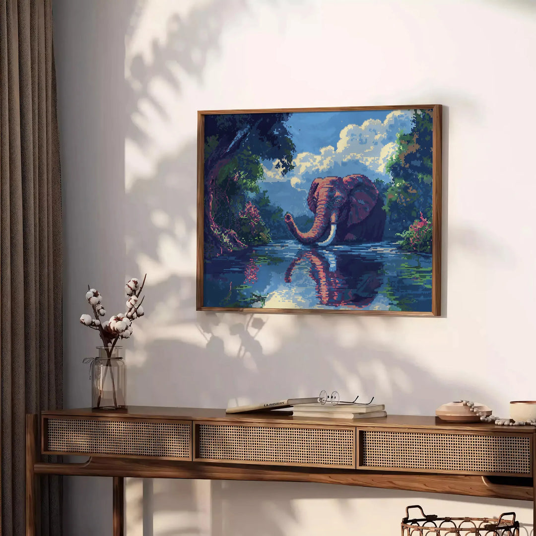 A stylized elephant in shades of green and blue against a textured background - styled on a counter with eucalyptus and a bowl of lemons