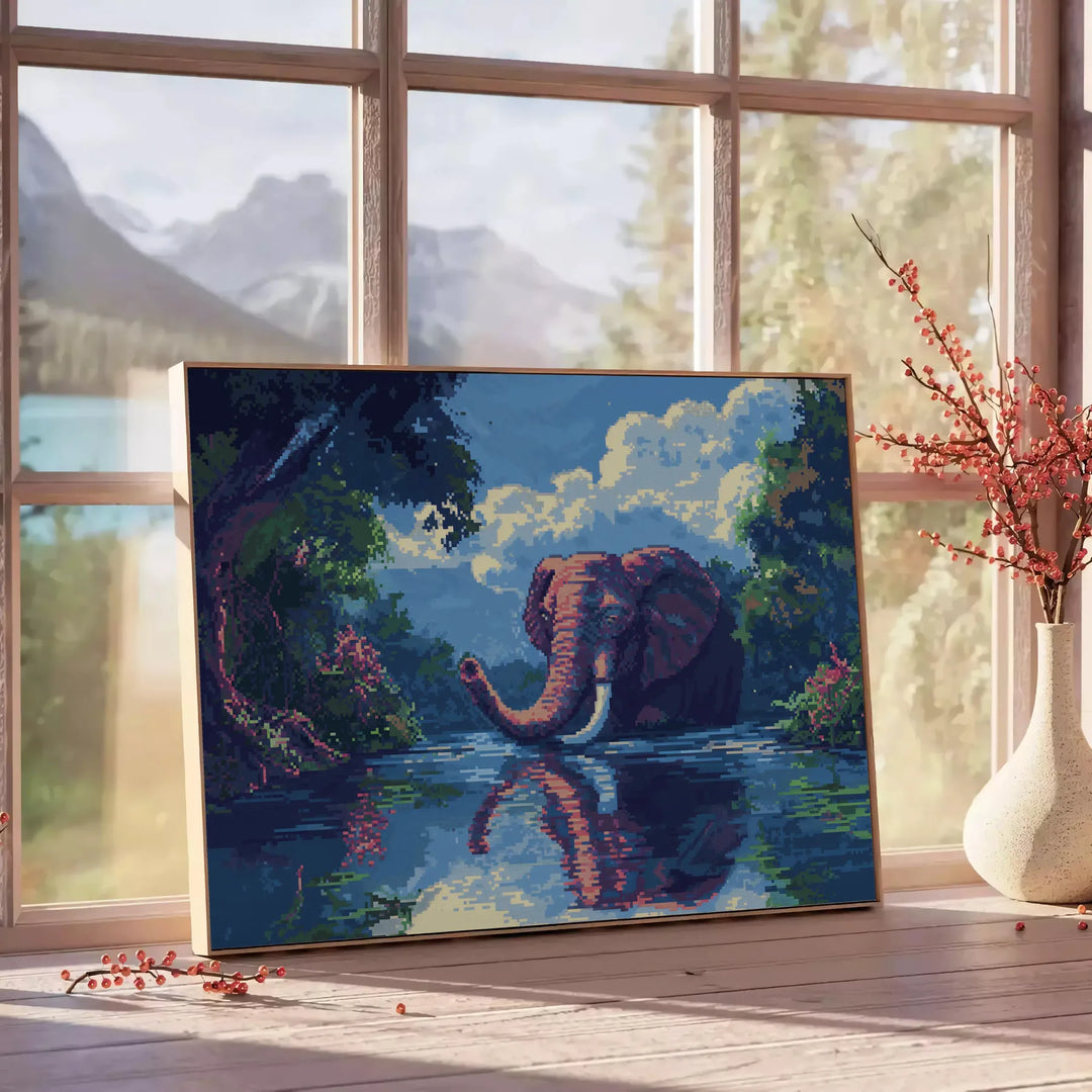 A stylized elephant in shades of green and blue against a textured background - beside a round wooden side table with books