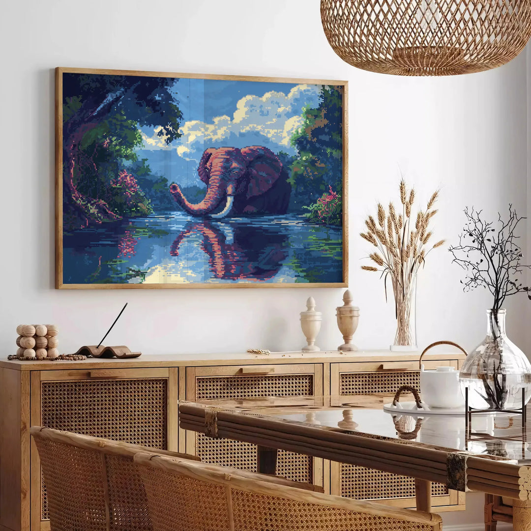 A stylized elephant in shades of green and blue against a textured background - in a Parisian living room with a sofa and a fig plant