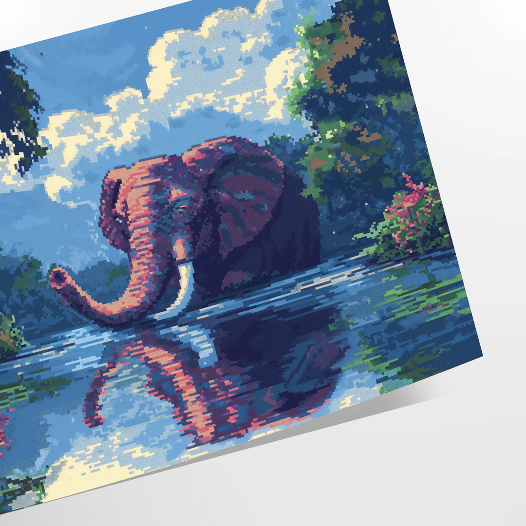 A stylized elephant in shades of green and blue against a textured background - as a rolled, unframed print