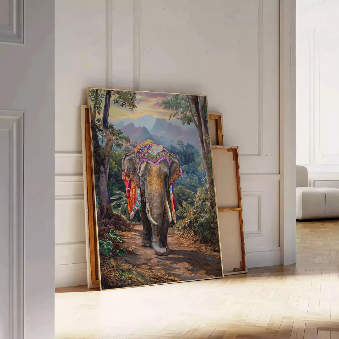 A surreal depiction of an elephant in space, featuring green and gray tones - leaning on a herringbone floor against a white panelled wall