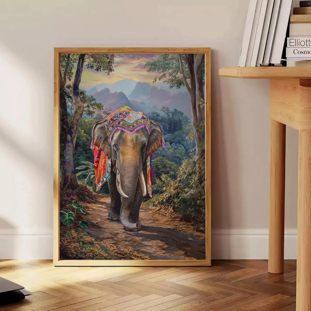 A surreal depiction of an elephant in space, featuring green and gray tones - beside a round wooden side table with books