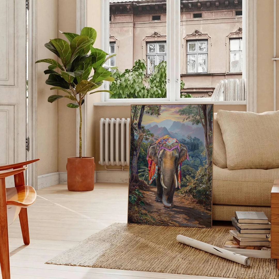 A surreal depiction of an elephant in space, featuring green and gray tones - in a Parisian living room with a sofa and a fig plant