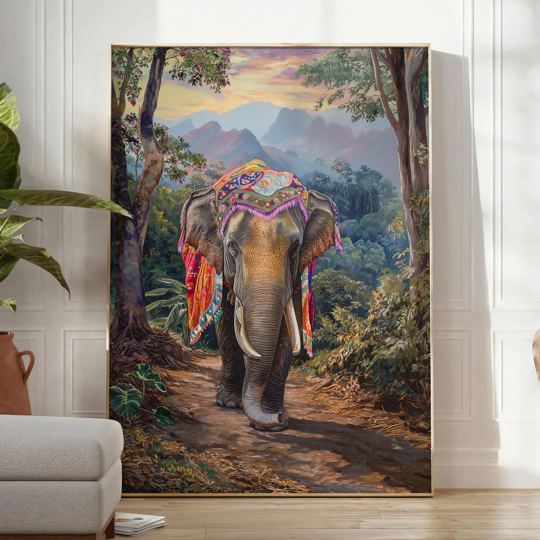 A surreal depiction of an elephant in space, featuring green and gray tones - in a bright minimalist room with a plant and an armchair