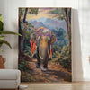 A surreal depiction of an elephant in space, featuring green and gray tones - in a bright minimalist room with a plant and an armchair