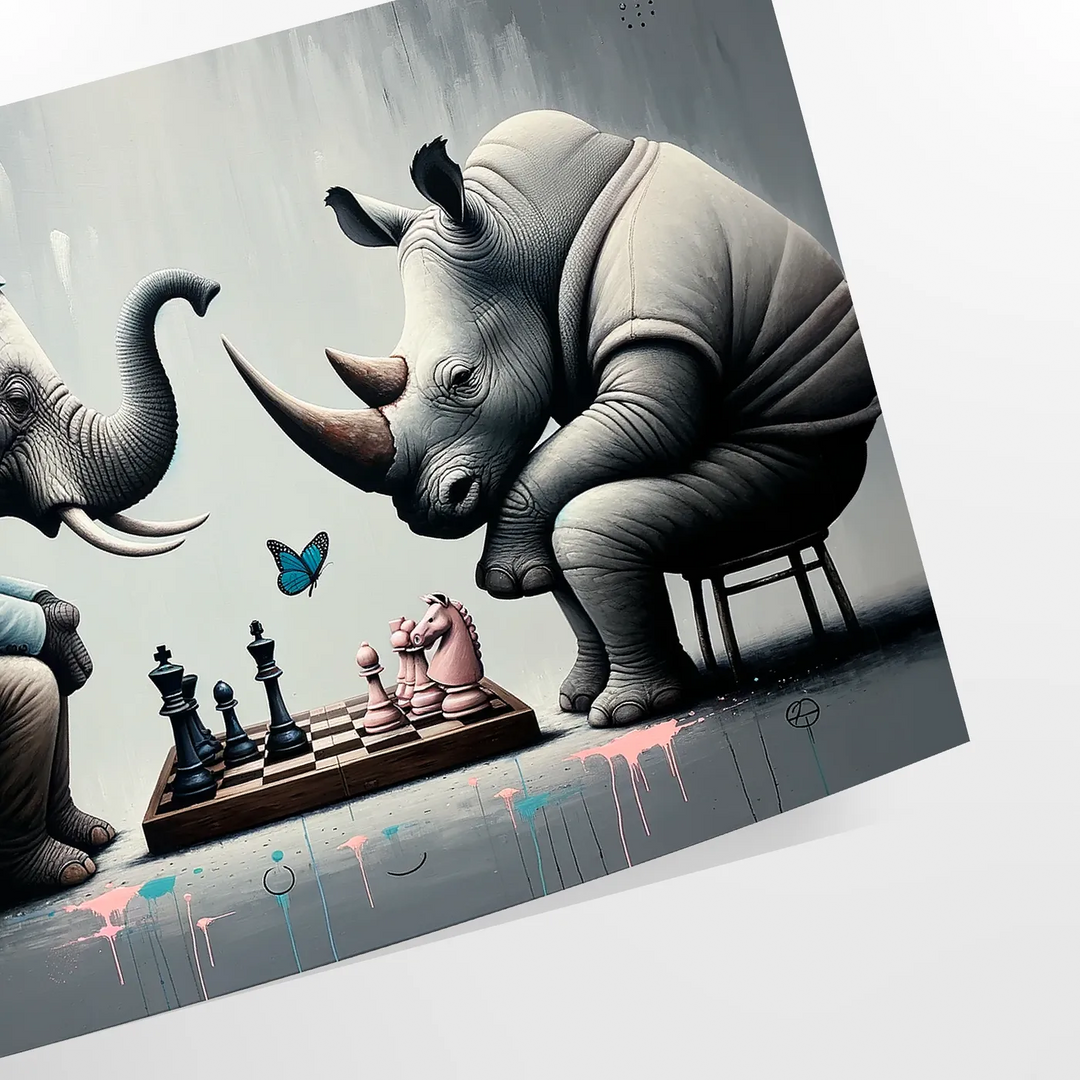 Uma obra de arte temática de xadrez com um elefante e um rinoceronte em tons de cinza e verde - como impressão enrolada, sem moldura