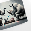 Uma obra de arte temática de xadrez com um elefante e um rinoceronte em tons de cinza e verde - como impressão enrolada, sem moldura