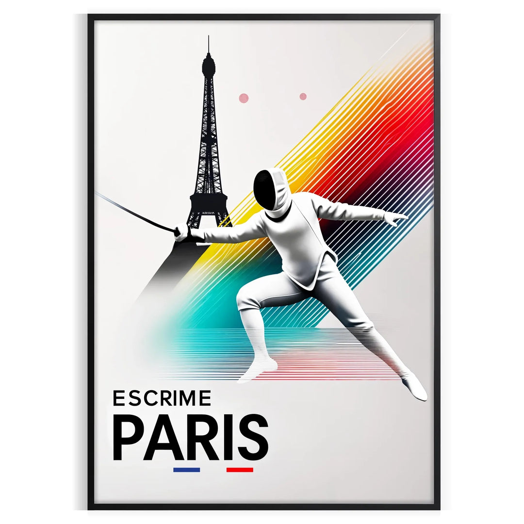 Poster showing dynamic fencing illustration in minimalist modern Paris style
