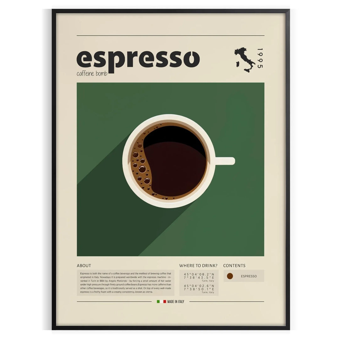 Illustration of espresso coffee with green and orange colors, Italian kitchen theme