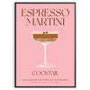 Eine stilisierte Illustration eines Espresso Martini in einem Glas, mit satten braunen und grünen Tönen - in einem schwarzen Rahmen