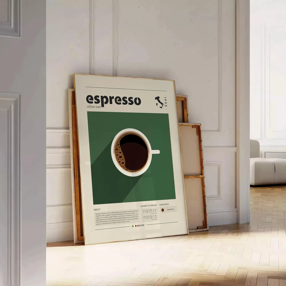 Illustration of espresso coffee with green and orange colors, Italian kitchen theme