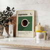Illustration of espresso coffee with green and orange colors, Italian kitchen theme - styled on a counter with eucalyptus and a bowl of lemons