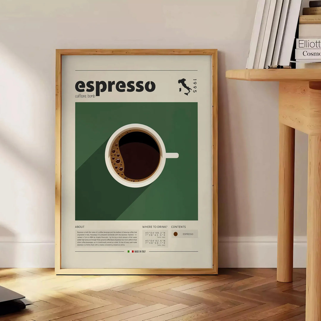 Illustration of espresso coffee with green and orange colors, Italian kitchen theme - beside a round wooden side table with books