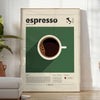 Illustration of espresso coffee with green and orange colors, Italian kitchen theme - in a bright minimalist room with a plant and an armchair