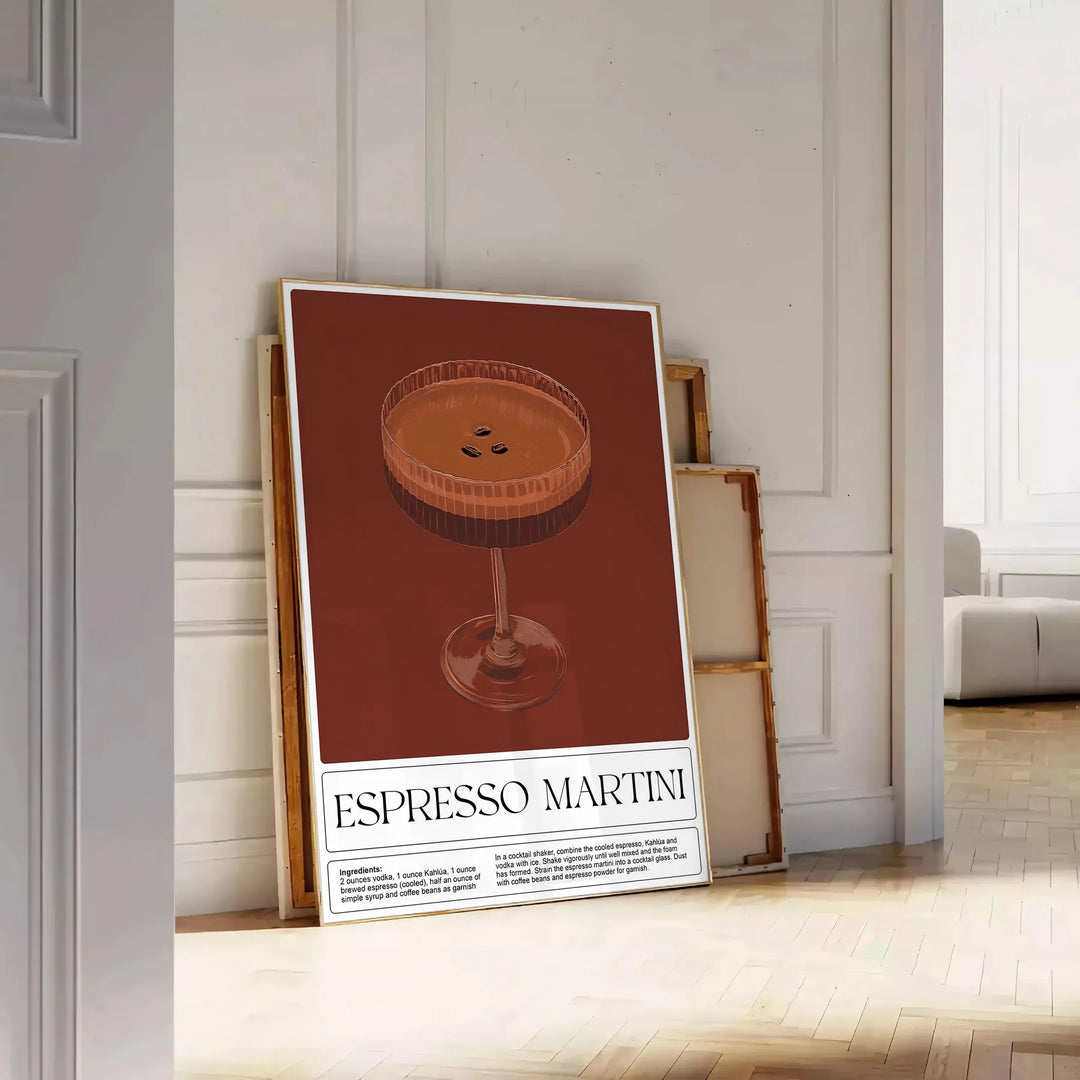 Illustration of an Espresso Martini cocktail with rich brown and green tones - leaning on a herringbone floor against a white panelled wall