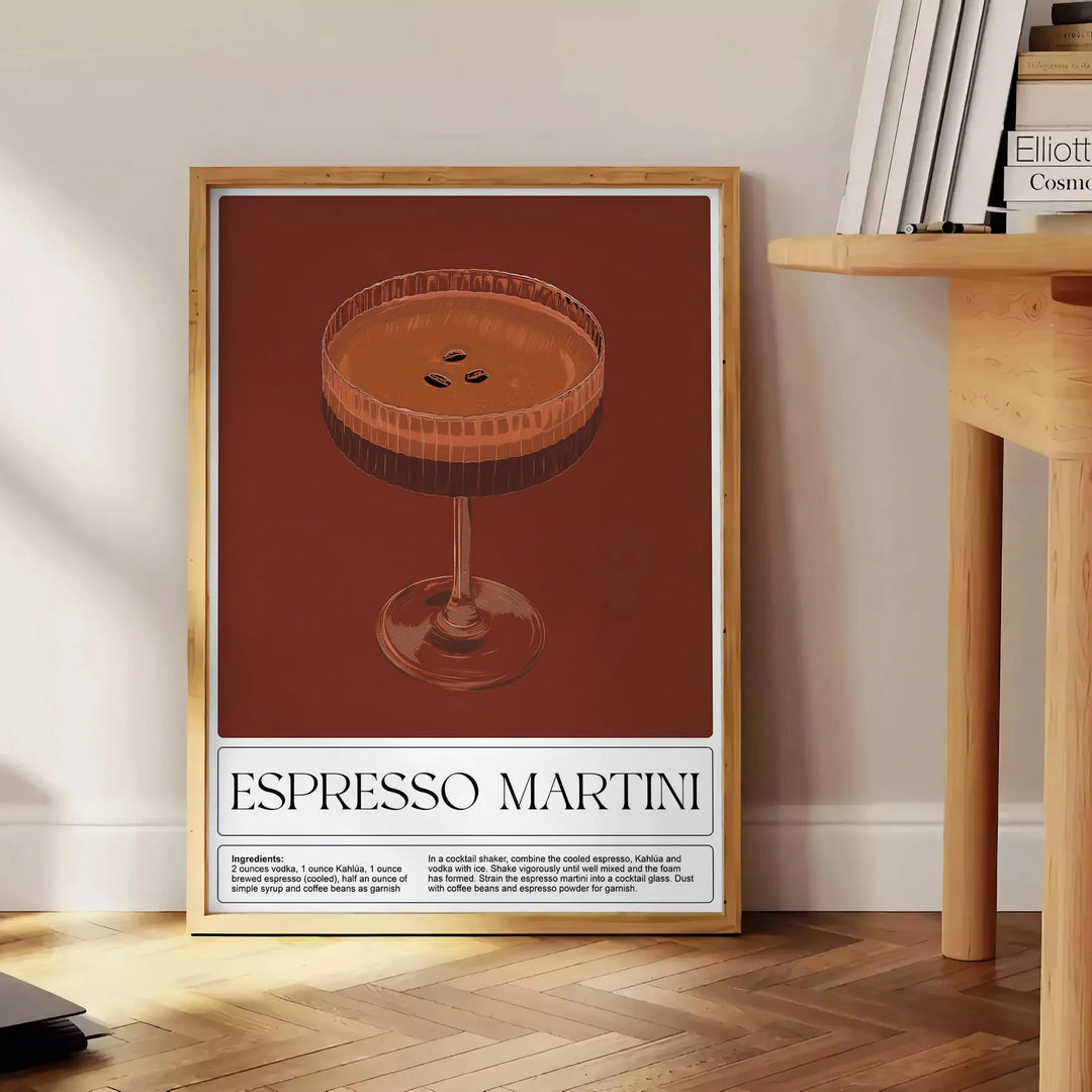 Illustration of an Espresso Martini cocktail with rich brown and green tones - beside a round wooden side table with books