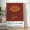 Illustration of an Espresso Martini cocktail with rich brown and green tones - in a bright minimalist room with a plant and an armchair