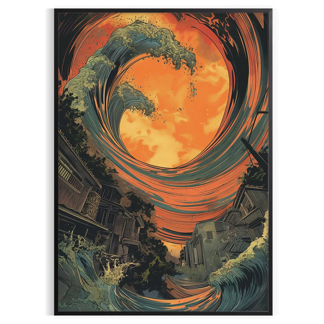 Abstract design featuring bold green and orange hues in an eye shape