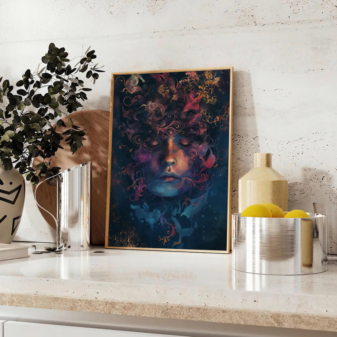 Abstract design with black and gray shapes, modern artistic style - styled on a counter with eucalyptus and a bowl of lemons