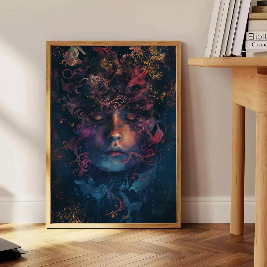 Abstract design with black and gray shapes, modern artistic style - beside a round wooden side table with books