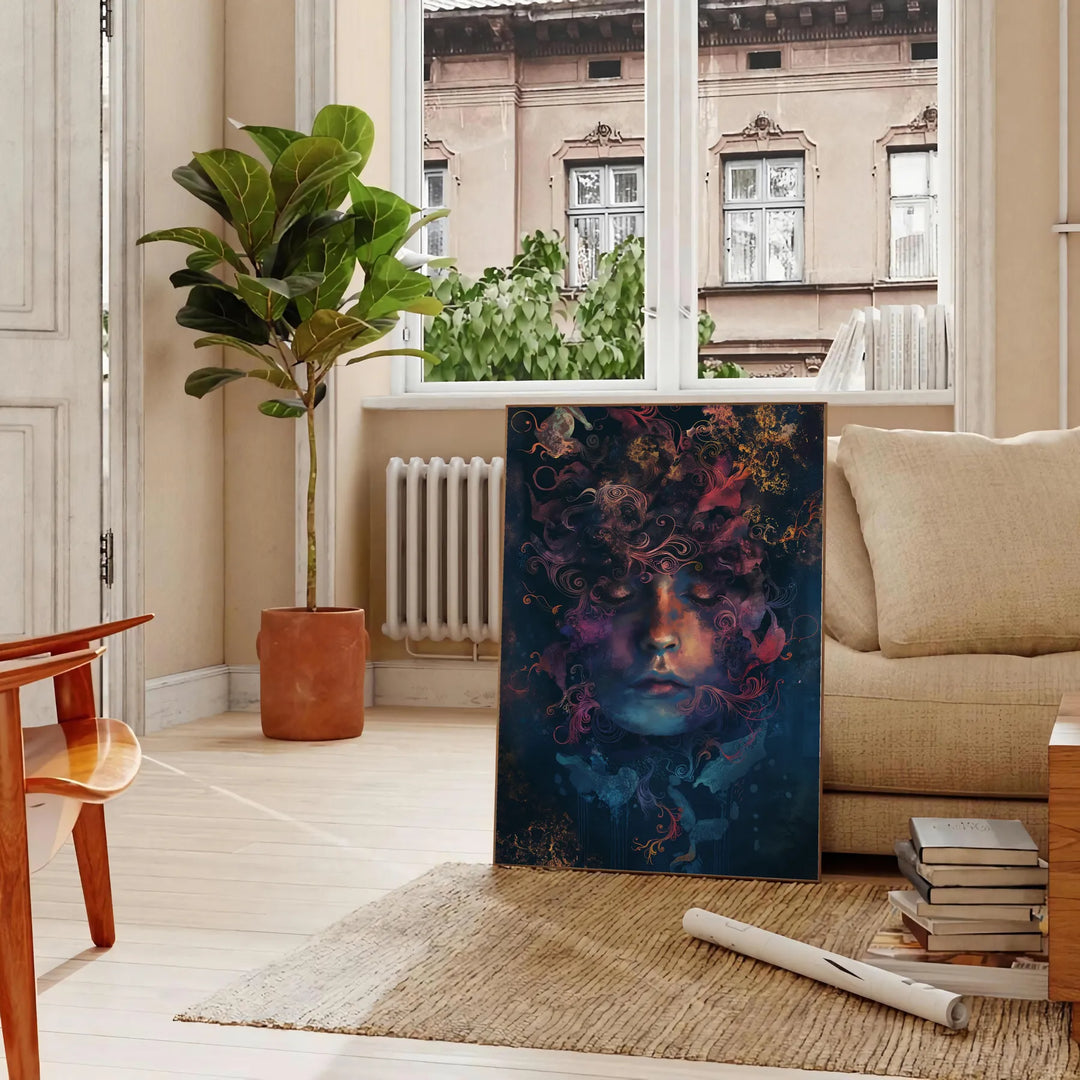 Abstract design with black and gray shapes, modern artistic style - in a Parisian living room with a sofa and a fig plant