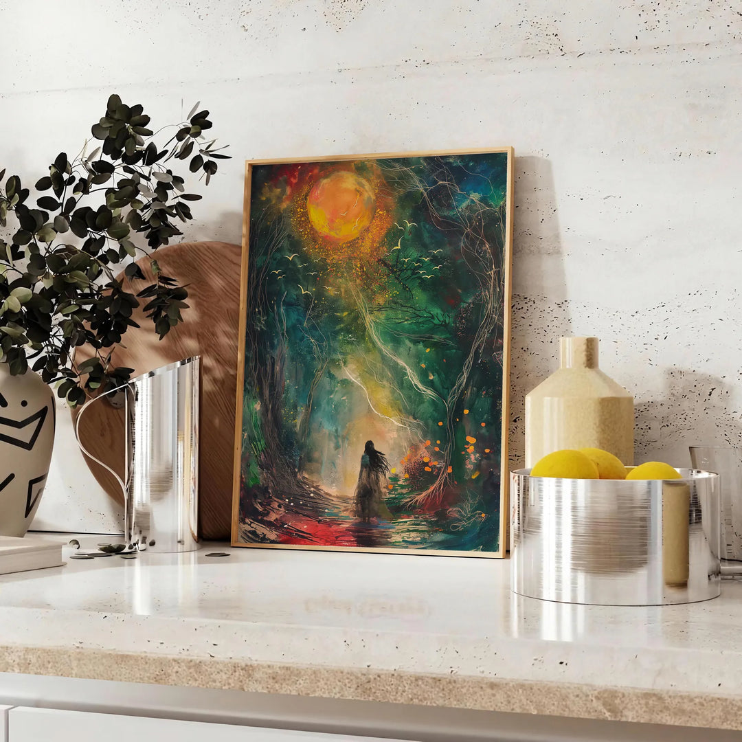 Abstract composition with green and orange shapes on a dark background - styled on a counter with eucalyptus and a bowl of lemons