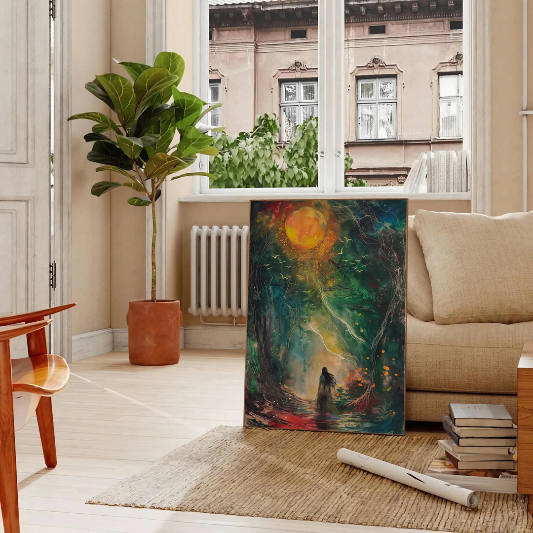 Abstract composition with green and orange shapes on a dark background - in a Parisian living room with a sofa and a fig plant