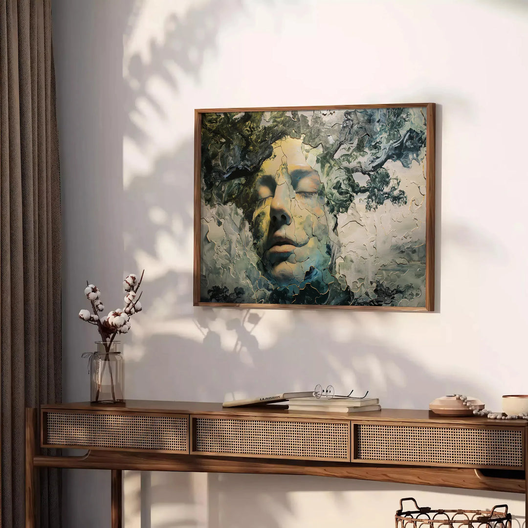 Abstract composition with black and green hues, showcasing experimental creativity - styled on a counter with eucalyptus and a bowl of lemons