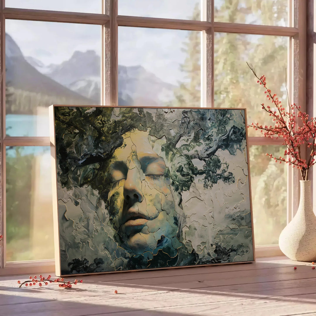 Abstract composition with black and green hues, showcasing experimental creativity - beside a round wooden side table with books