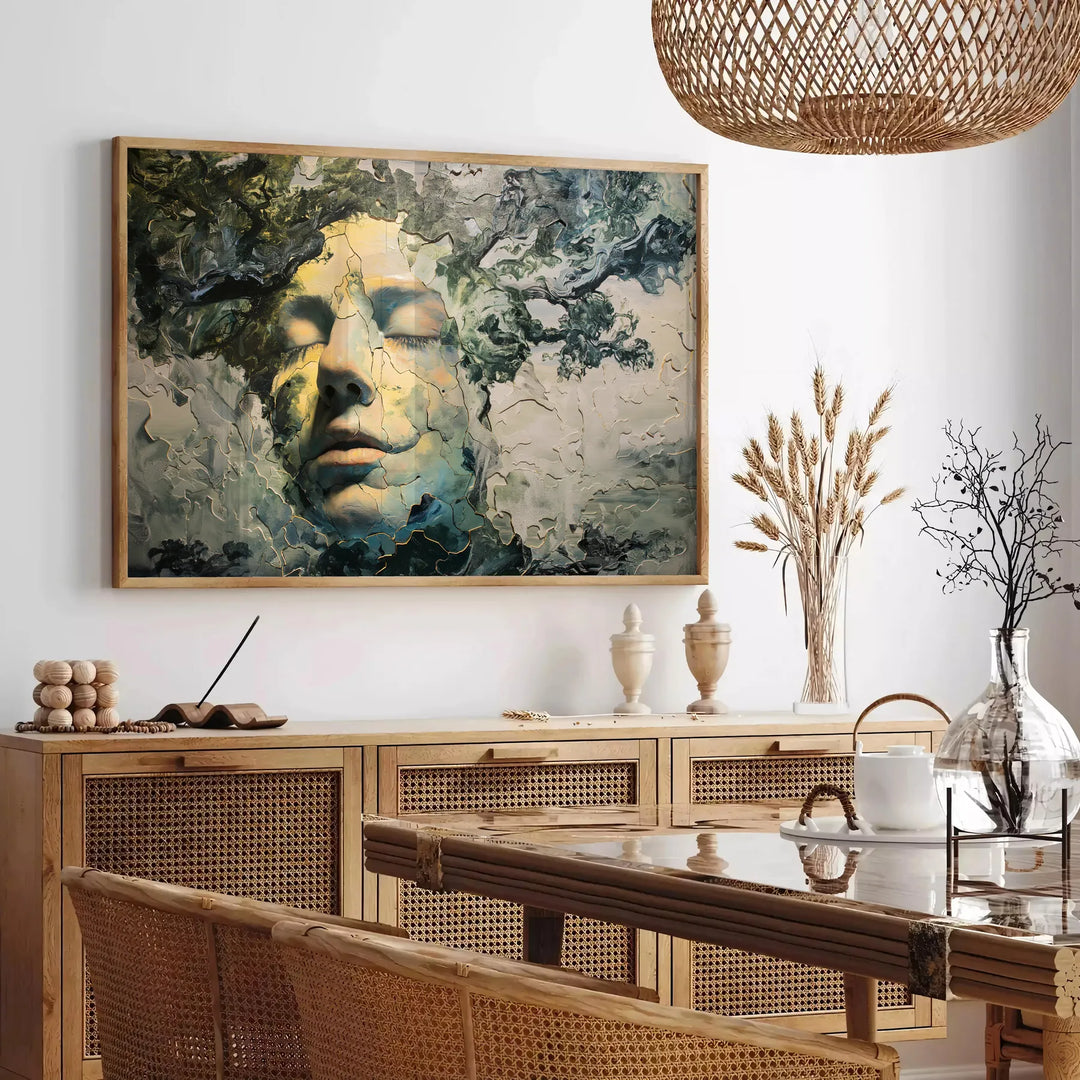 Abstract composition with black and green hues, showcasing experimental creativity - in a Parisian living room with a sofa and a fig plant