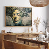 Abstract composition with black and green hues, showcasing experimental creativity - in a Parisian living room with a sofa and a fig plant