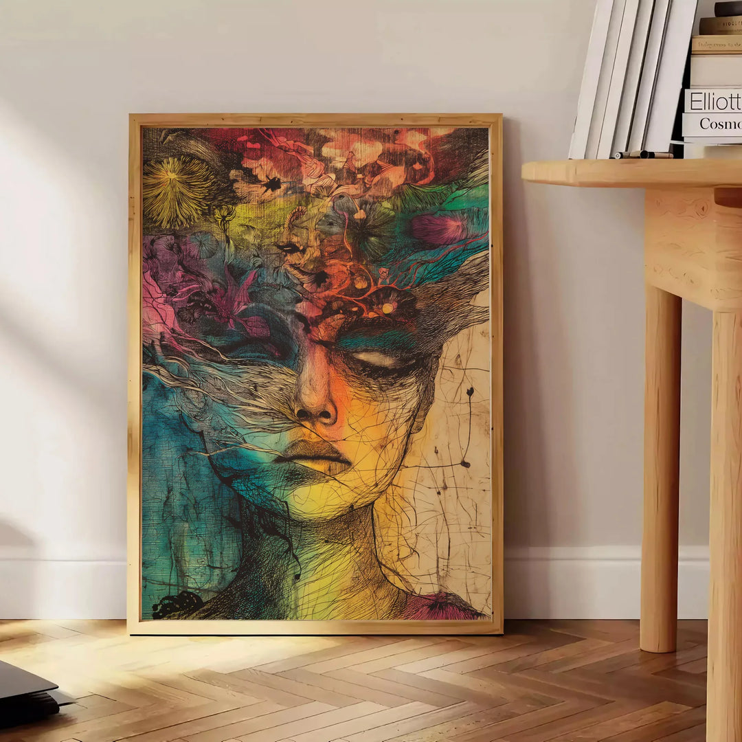 Composizione astratta con forme e texture verdi e gialle - accanto a un tavolino rotondo in legno con libri