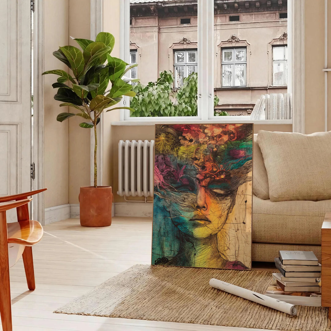 Composizione astratta con forme e texture verdi e gialle - in un soggiorno parigino con divano e un ficus