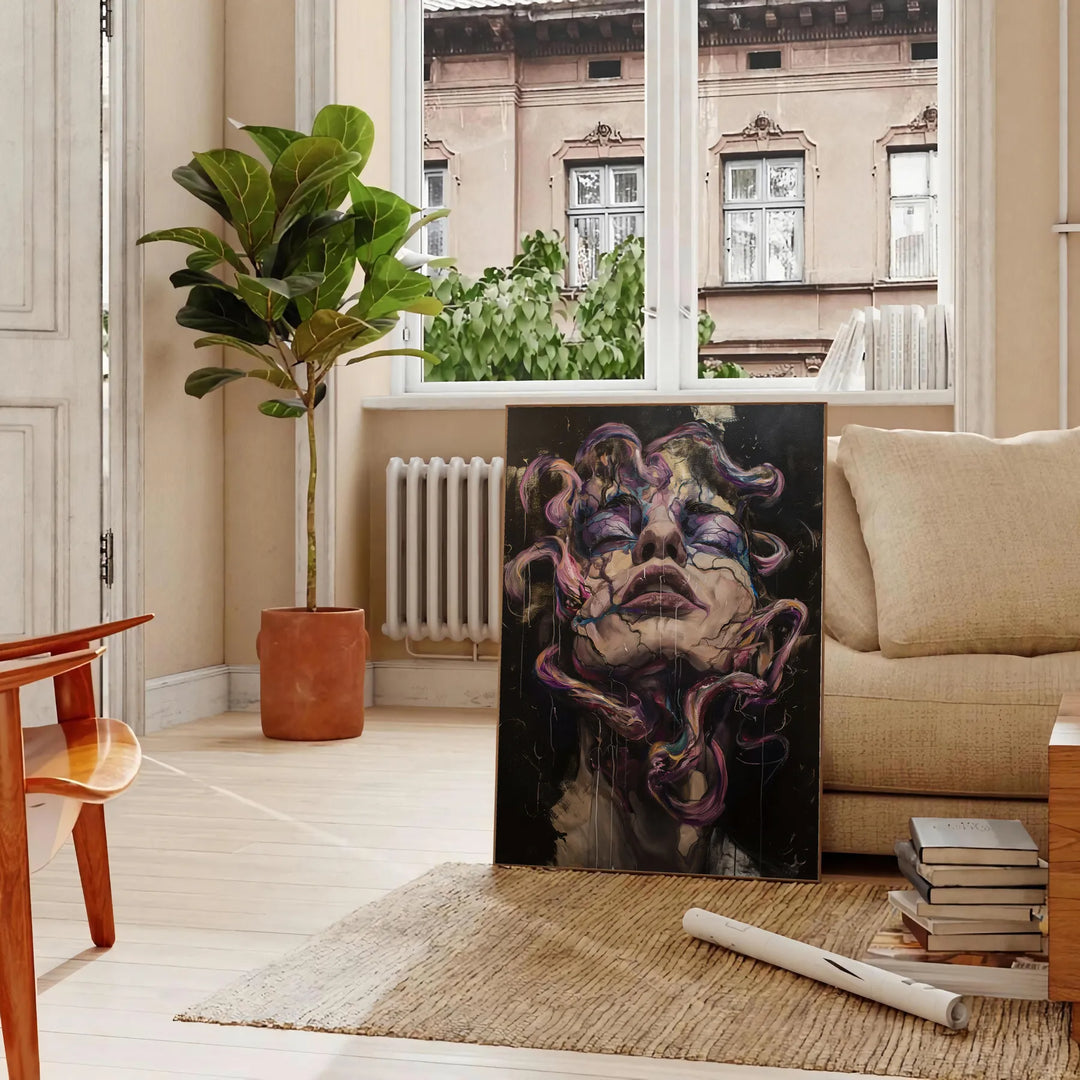 Abstract composition in black and green with geometric shapes - in a Parisian living room with a sofa and a fig plant