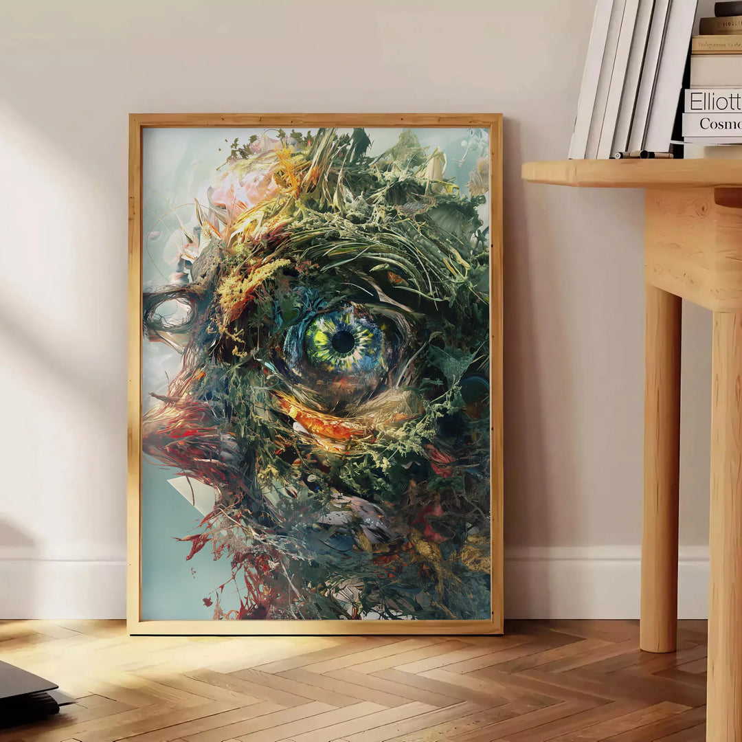Composizione astratta con forme dinamiche verdi e arancioni - accanto a un tavolino rotondo in legno con libri