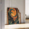 Abstract design featuring bold green and orange hues in an eye shape - leaning on a herringbone floor against a white panelled wall