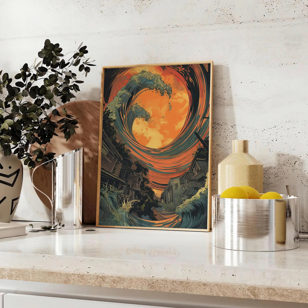 Abstract design featuring bold green and orange hues in an eye shape - styled on a counter with eucalyptus and a bowl of lemons