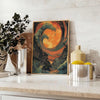 Abstract design featuring bold green and orange hues in an eye shape - styled on a counter with eucalyptus and a bowl of lemons