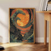 Abstract design featuring bold green and orange hues in an eye shape - beside a round wooden side table with books