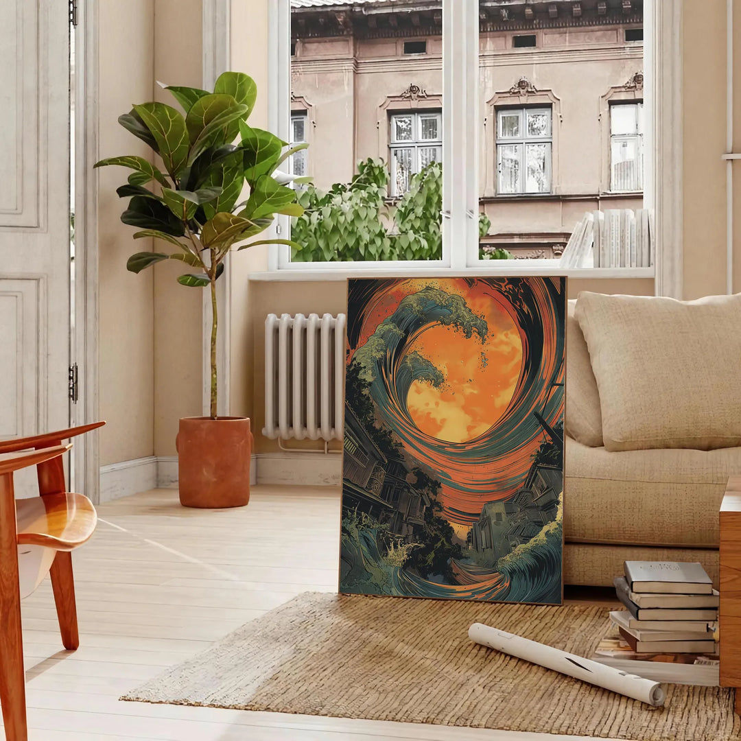 Abstract design featuring bold green and orange hues in an eye shape - in a Parisian living room with a sofa and a fig plant