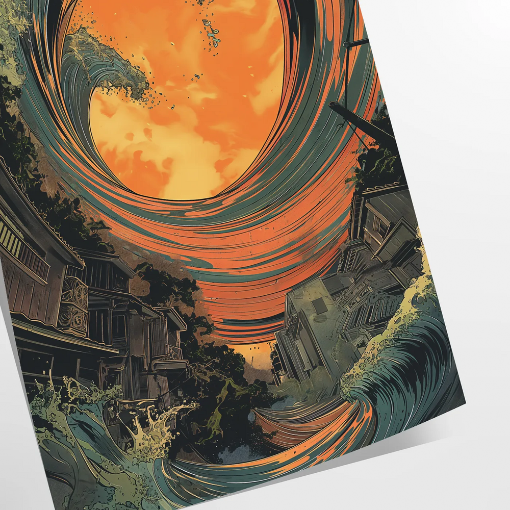 Abstract design featuring bold green and orange hues in an eye shape