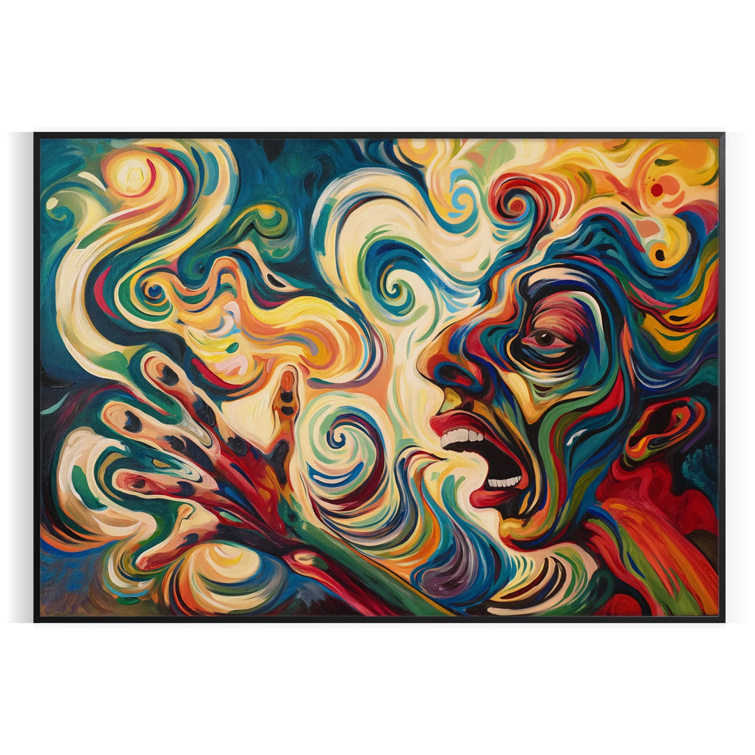Expressionist artwork with dynamic greens and yellows depicting abstract forms