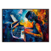 Abstract expressionist artwork featuring green and blue hues with emotional forms - in a black frame