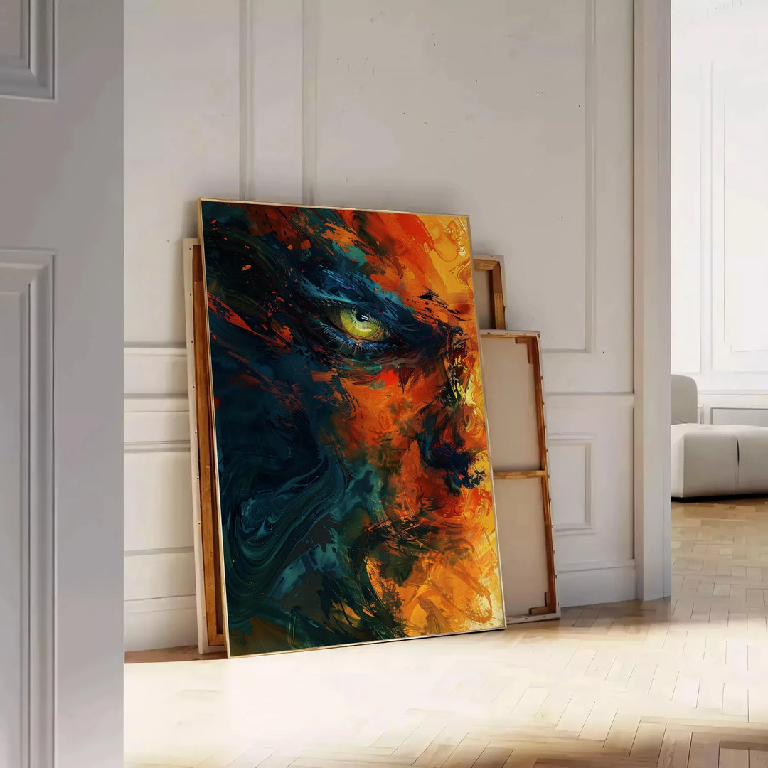 Abstract expressionism artwork with bold black and orange colors - leaning on a herringbone floor against a white panelled wall